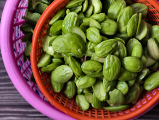Close-up of fresh stink beans, also known as petai or sataw, a popular ingredient in southern Thai cooking. Commonly used in spicy stir-fries, curries and local dishes across Southeast Asia.
