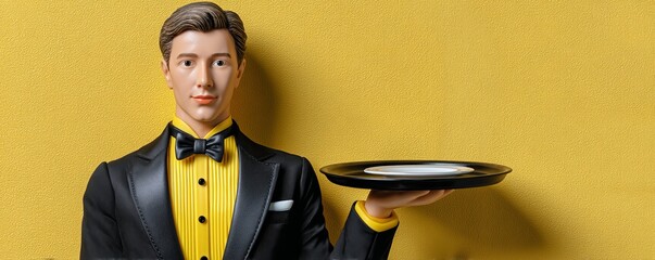 A realistic model of a plasticine waiter in a tuxedo with a black serving tray against a vibrant yellow background