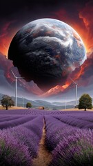 A mesmerizing scene of rolling lavender fields under a giant glowing Earth, surrounded by wind turbines and dramatic sky