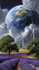 Rolling lavender fields under a giant glowing Earth and wind turbines, set against a dramatic sky with clouds
