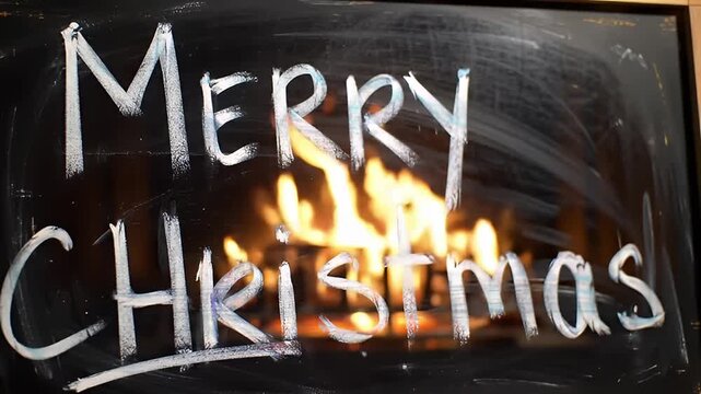 Burning Merry Christmas Text on Black Surface Fire Effect