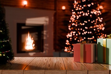 3d christmas gift box on wooden table. cozy fireplace holiday background concept. warm festive product display scene for branding and advertising. 3d render.