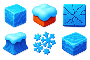 3D Cold Weather Icons. 3D icon set of cold weather textures: frosty ice, thick snow layers, frozen cracks, wind-carved ridge,