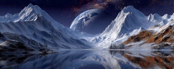 Serene crystal lake surrounded by towering snow-capped mountains, reflecting a colossal Earth in the night sky illuminated by stars