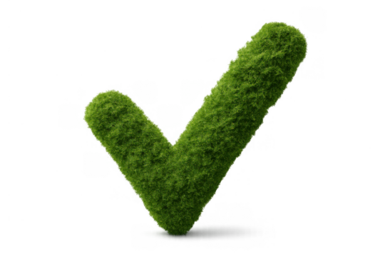 Green grassy check mark indicating approval, success, environmental consciousness, and natural choice, featuring a transparent background