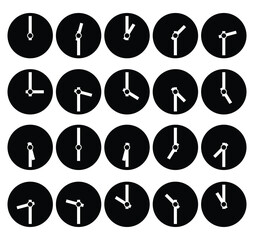 An array of twenty clock faces with different times shown in black and white simple illustrations