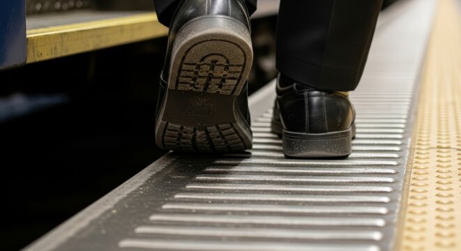 Man stepping onto subway platform with black shoes and suit  
