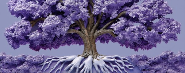 A surreal tree with hands as roots, featuring vibrant purple leaves and a textured trunk, set against a soft gray background