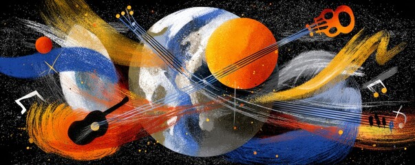 Vibrant abstract illustration of a playful Earth surrounded by music instruments and celestial bodies, blending colors and dynamic shapes