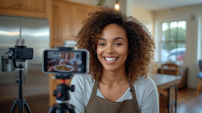 Smiling woman with curly hair recording a cooking tutorial video on her smartphone in a bright kitchen