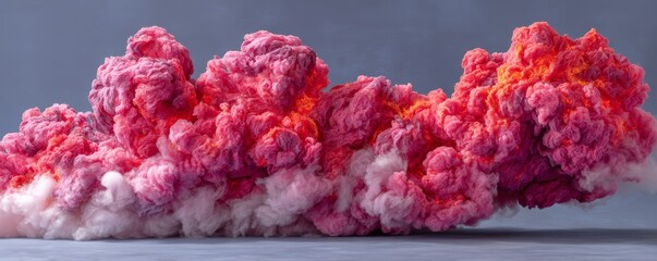 Vibrant volcanic ash cloud in shades of pink and orange drifting against a soft pastel background