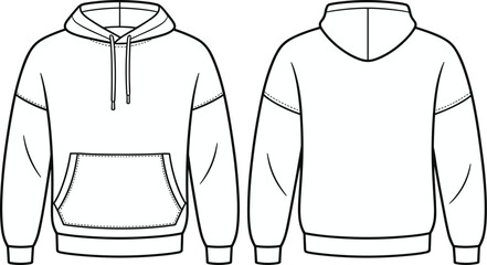 Hooded sweatshirt technical drawing, front and back views, seam-highlighted sketch with kangaroo pocket and drawstring hood design