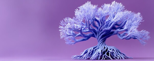 A whimsical tree with purple branches and hand-shaped roots, set against a light purple background, conveying creativity and imagination