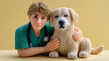 Whimsical depiction of a veterinarian and dog in pastel colors, emphasizing care and companionship