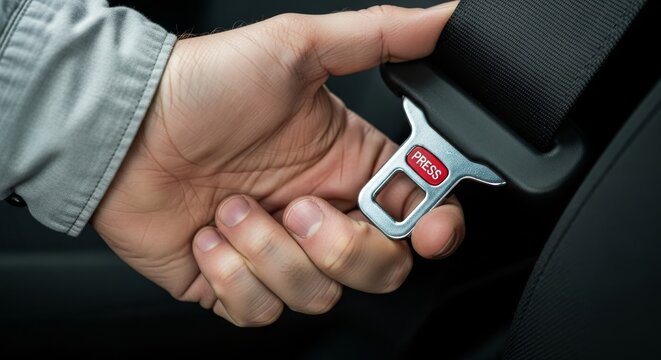 Person fastening seatbelt inside car with focus on safety  