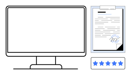 Monitor on left beside signed contract and five-star rating. Ideal for legal processes, online reviews, contracts, feedback, digital business, performance tracking, simple flat metaphor