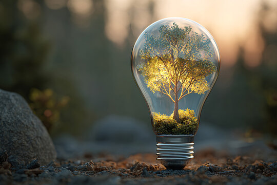Eco-Friendly Light Bulb with Autumn Nature Landscape Inside - Green Energy Concept