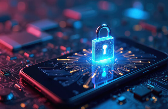 Glowing padlock sits on smartphone circuit board, signifying digital safety and data privacy. Mobile device security concept with glowing lines and blue neon light.