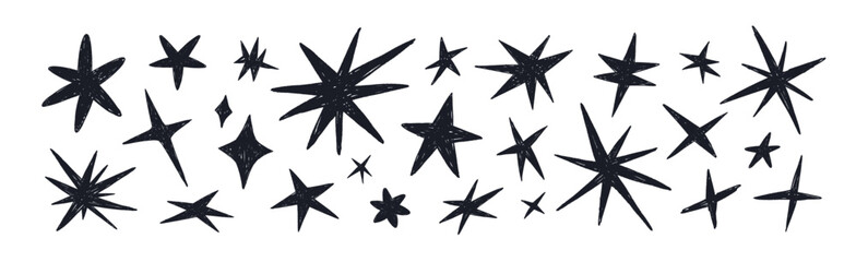 Stars set in doodle hand-drawn crayon-textured style. Rough black sparkles, twinkles, chalk sketch drawings. Spark elements, freehand shapes. Flat vector illustrations isolated on white background