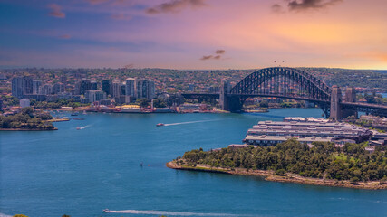 18 November 2025 Panoramic night view of Sydney Harbour and City Skyline of NSW Australia beautiful colourful skies on a beautiful spring day