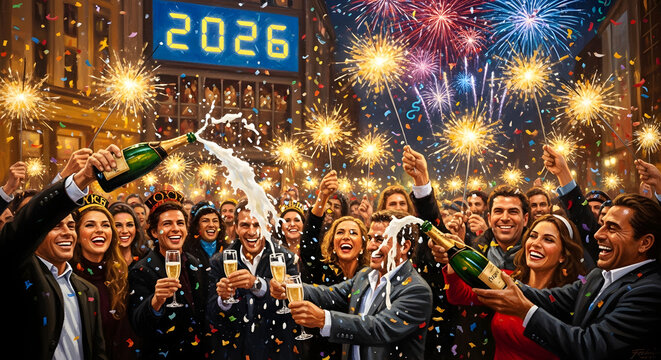 New Year's Eve 2026 Celebration with Champagne, Fireworks & Confetti
