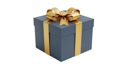 Elegant gray gift box with golden ribbon and bow isolated on black background