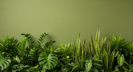 Lush Green Houseplants on Olive Wall Background with Copy Space