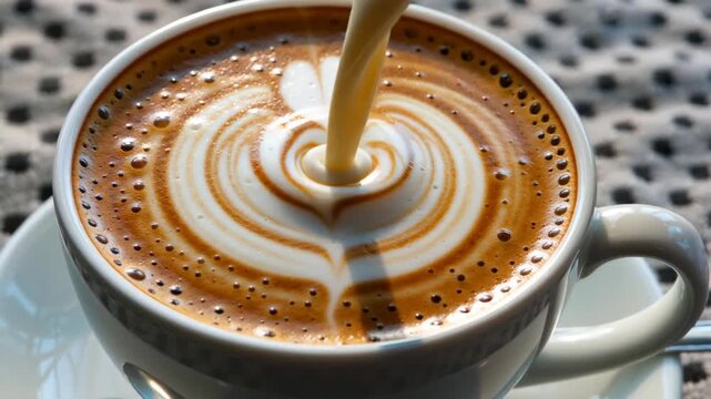 A close-up view of freshly poured milk creating a delicate latte art heart pattern atop a rich coffee drink in a white cup