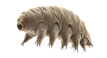 Microscopic tardigrade water bear with eight legs and claws on black background