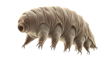 Microscopic tardigrade water bear with eight legs and claws on black background