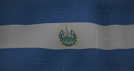 Obraz premium Showing national flag of El Salvador waving on digital banner, featuring emblem and binary overlays