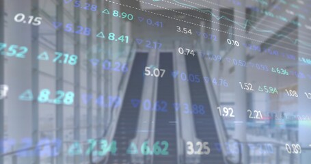 Fototapeta premium Ascending pair of escalators rising in modern airport terminal atrium, with financial overlay