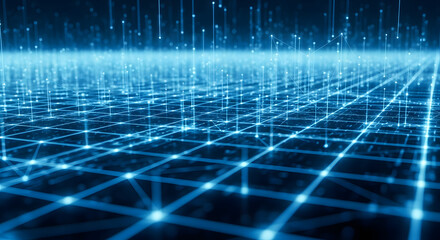 Abstract blue network grid with lines and dots, digital technology background and data connection