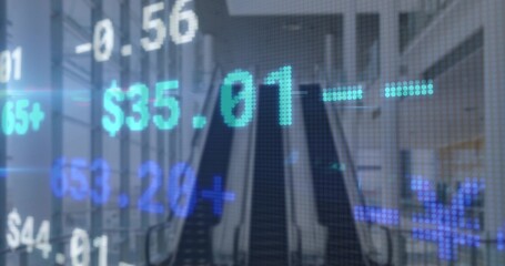 Displaying pixelated stock ticker overlay over financial lobby, escalators, glass columns and floor