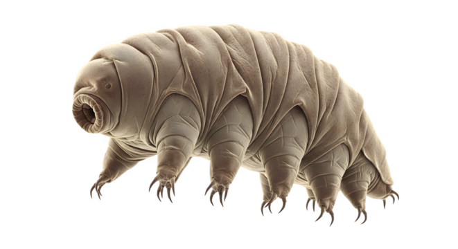 Microscopic tardigrade water bear with eight legs and claws on black background