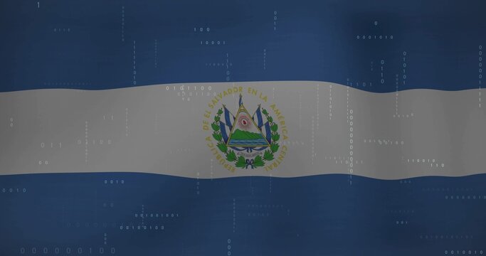 Naklejki Showing national flag of El Salvador waving on digital banner, featuring emblem and binary overlays
