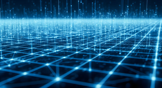 Abstract blue network grid with lines and dots, digital technology background and data connection