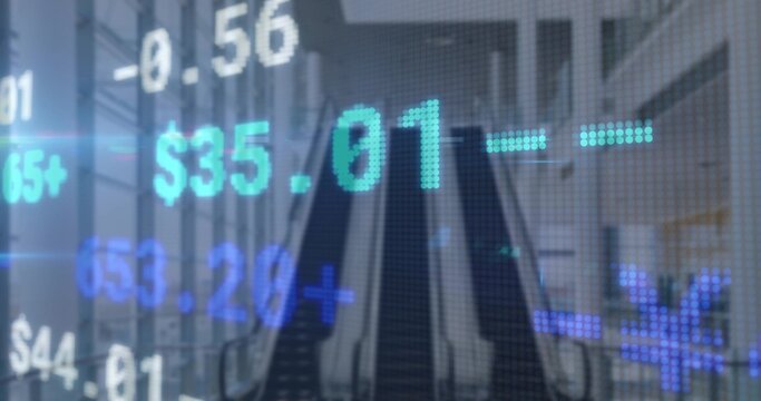 Displaying pixelated stock ticker overlay over financial lobby, escalators, glass columns and floor