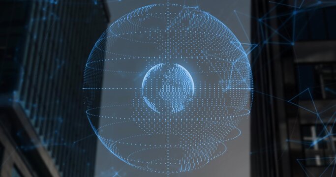 Projecting holographic point-cloud globe with inner sphere and rings in city canyon between towers - Powered by Adobe
