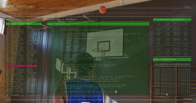 Standing adult male wearing blue basketball jersey in gymnasium, overlaying terminal UI code panels - Powered by Adobe
