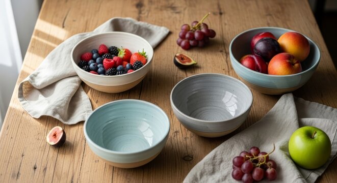 Colorful bowls with fresh fruits arranged on wooden table