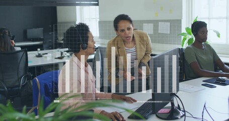 Leaning, supervisor in beige blazer guiding agent with pink blouse and headset at office, chart HUD
