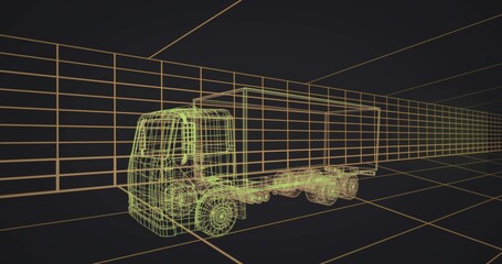 Fototapeta premium Displaying wireframe box truck occupying 3D studio, with neon green lines and orange grid