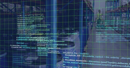 Moving worker wearing hivis vest checking racks in depot aisle with green code overlay, copy space