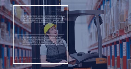 Operating forklift driver in yellow helmet grey vest scanning warehouse aisle with bins and overlay