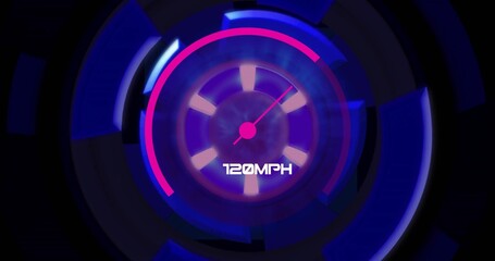 Showing neon dial with glowing rings, blades and magenta needle pointing upper right on HUD 120MPH
