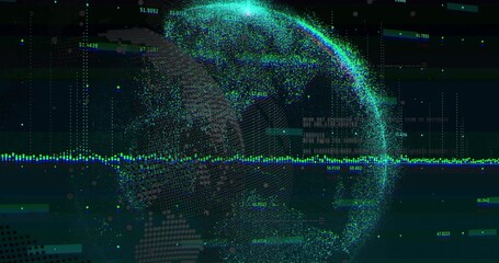 Rotating point-cloud globe pulsing teal and blue particles at monitoring dashboard, with waveform