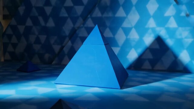 Close-up view of a blue pyramid shape on a textured surface with a geometric background and soft lighting