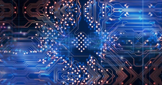 Glowing hexagonal chip motif radiating copper traces on deep blue board, showing glowing nodes - Powered by Adobe