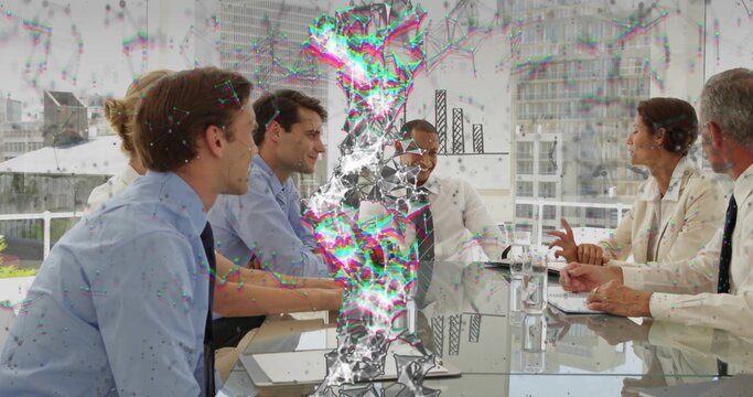 Meeting team in business attire discussing reports in office at glass table, with rainbow glitch